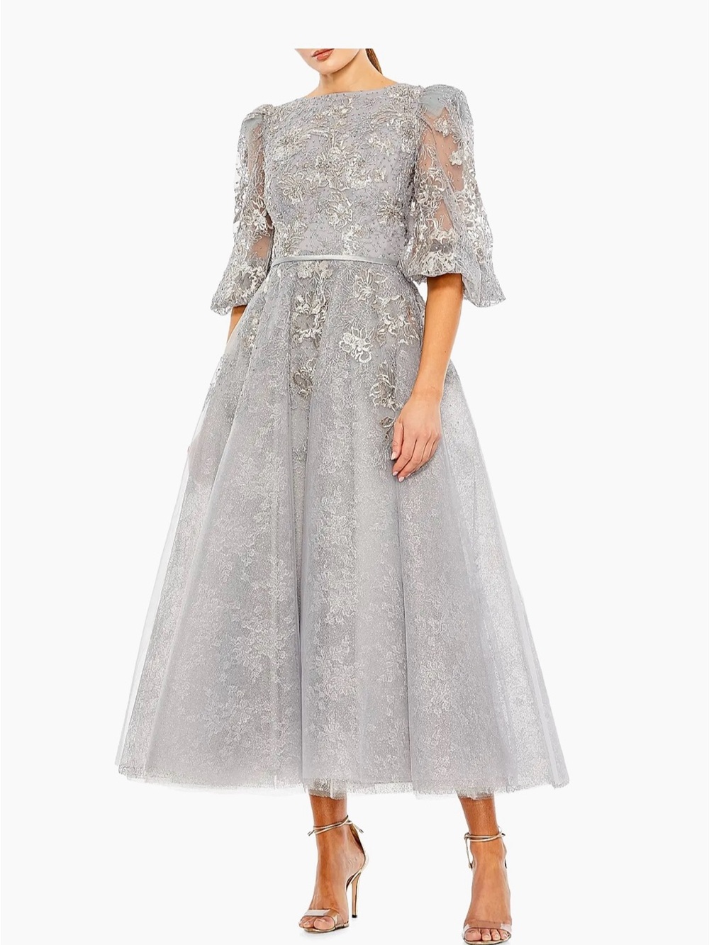 Mac Duggal Silver Embroidered Lace Midi Dress with Puff Sleeves